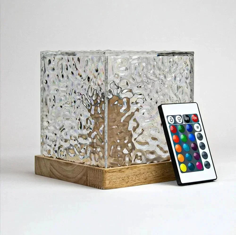 Ocean Wave Projector Lamp 3D Water Wave Effect Romantic LED Night Light Remote Control USB Crystal Table Lamp for Home Decor, Bedroom & Gift, Multicolor Light (Cube Shape)