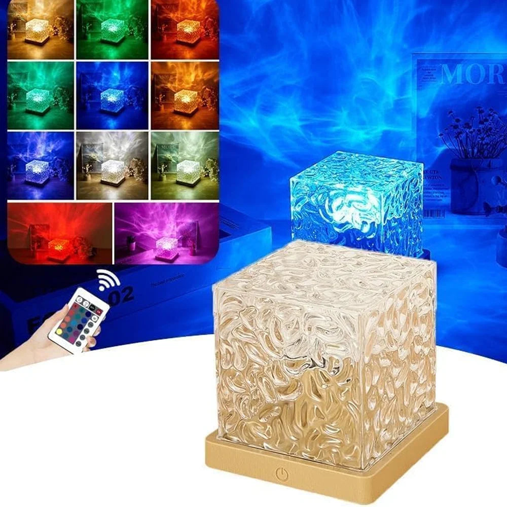 Ocean Wave Projector Lamp 3D Water Wave Effect Romantic LED Night Light Remote Control USB Crystal Table Lamp for Home Decor, Bedroom & Gift, Multicolor Light (Cube Shape)