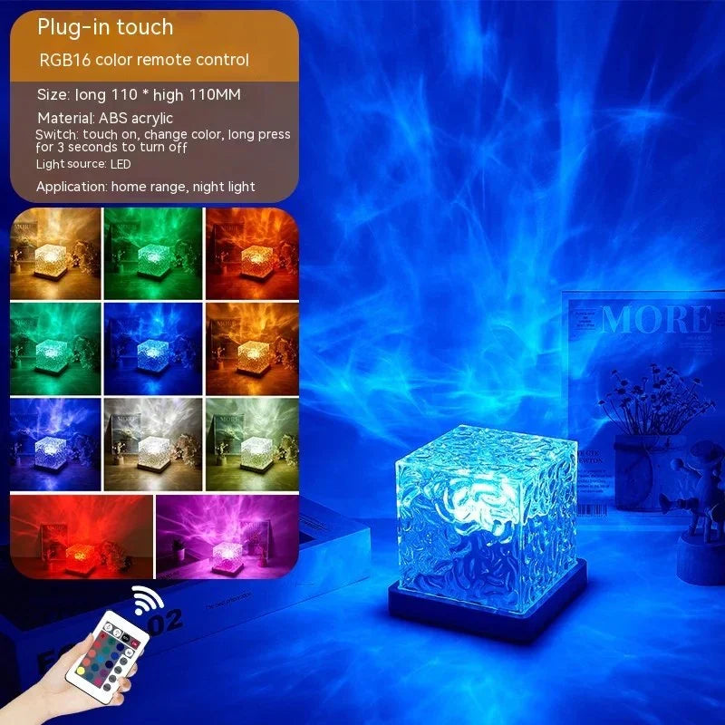 Ocean Wave Projector Lamp 3D Water Wave Effect Romantic LED Night Light Remote Control USB Crystal Table Lamp for Home Decor, Bedroom & Gift, Multicolor Light (Cube Shape)