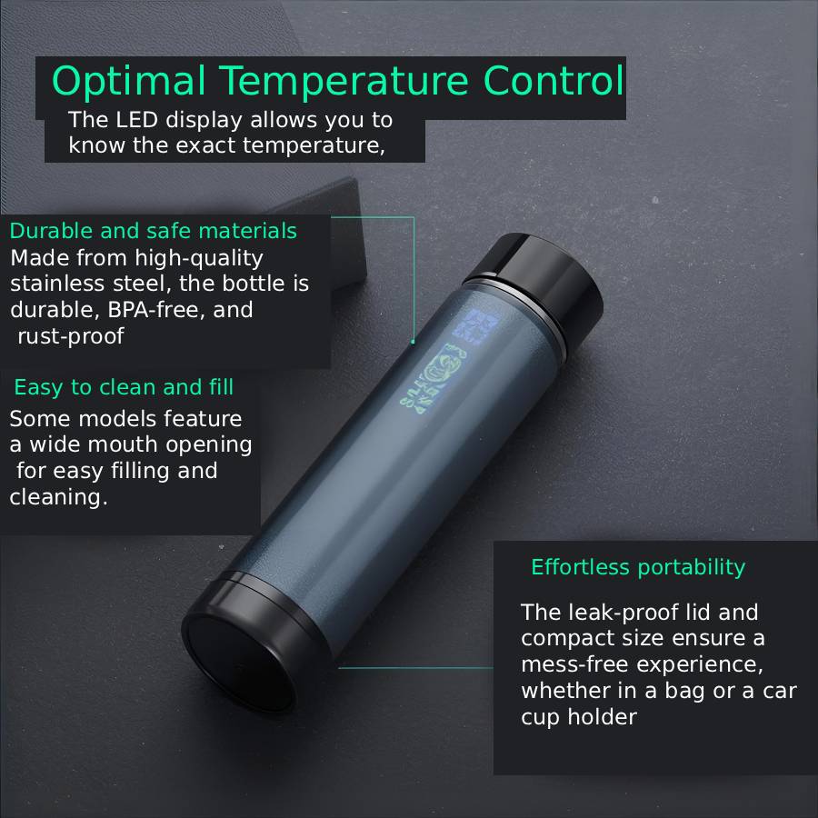 Water Bottle LED Temperature 500 ml Flask | 500 ML | Pack of, 1 | (Black)