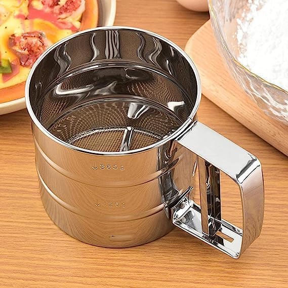 Flour Sifter/Atta chhani Hand Press Design Stainless Steel Flour Sifter Corrosion Resistant Large Capacity Flour Sieve Cup for Sugar Flour (1)