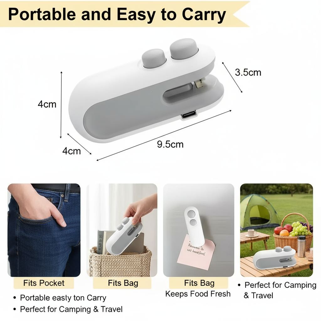 Portable Food Storage Heat Sealer | Rechargeable Mini Bag Resealing Machine | Travel-Friendly & Durable Kitchen Tool || Rechargeable Mini Portable Sealing Machine | Food Storage Bag Resealer | Handy Kitchen Tool | USB Charging heat sealer