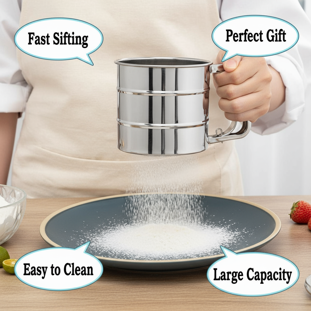 Flour Sifter/Atta chhani Hand Press Design Stainless Steel Flour Sifter Corrosion Resistant Large Capacity Flour Sieve Cup for Sugar Flour (1)